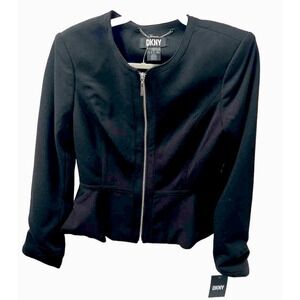DKNY Jacket Black Zippered Peplum Suit Blazer Size 8 Logo Zipper Pull New